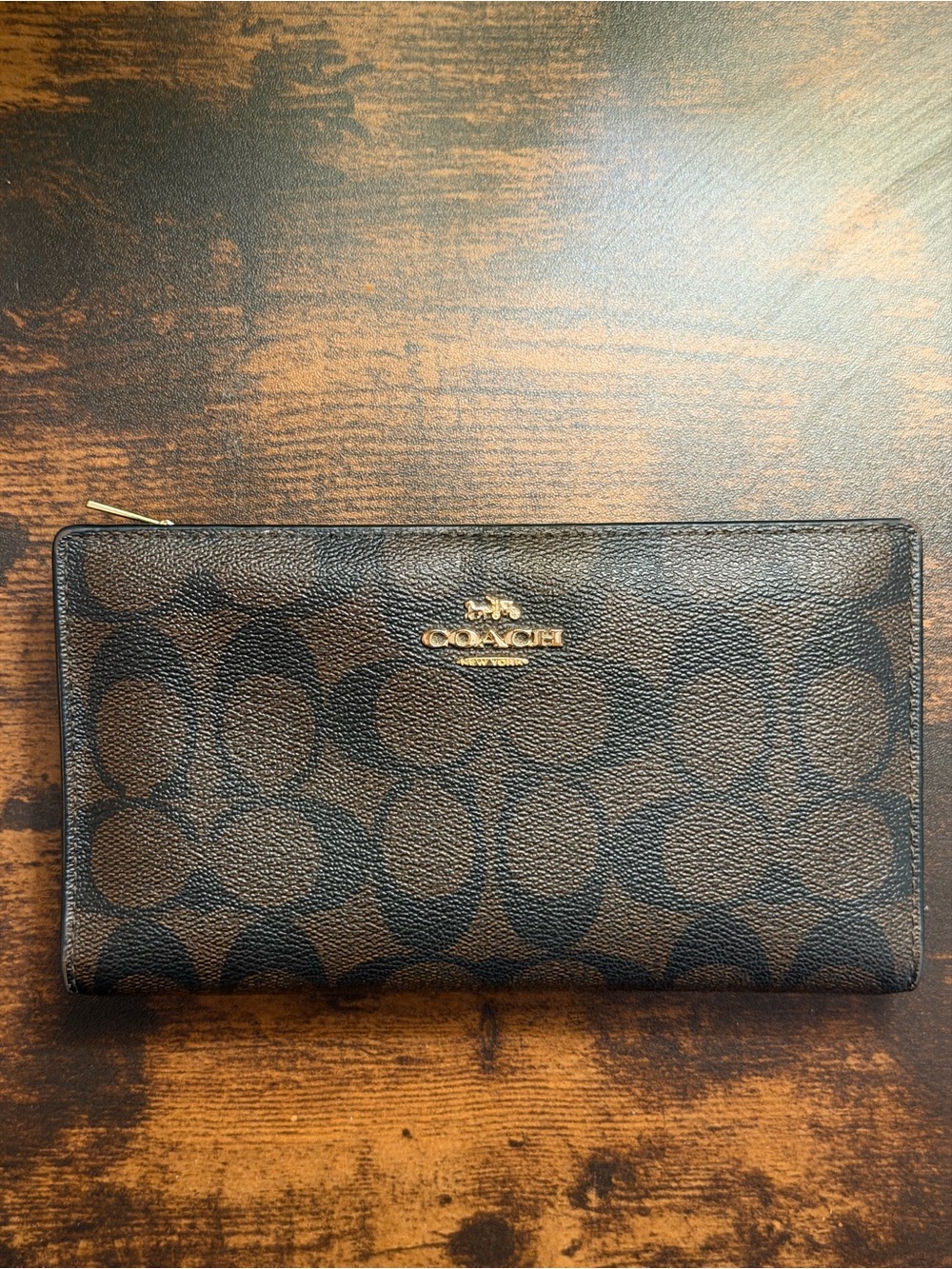 Coach Dark Brown Signature Zip Card Wallet with Gold Logo